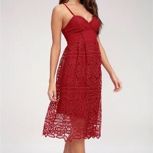 Lulus Red Lace Midi Dress Spaghetti Strap Cocktail Party Wedding